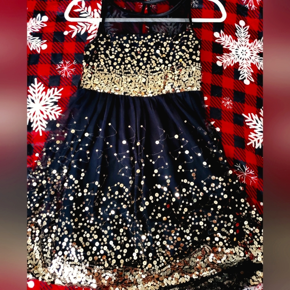 Stunning black and gold girls dress size 14 with satin sash